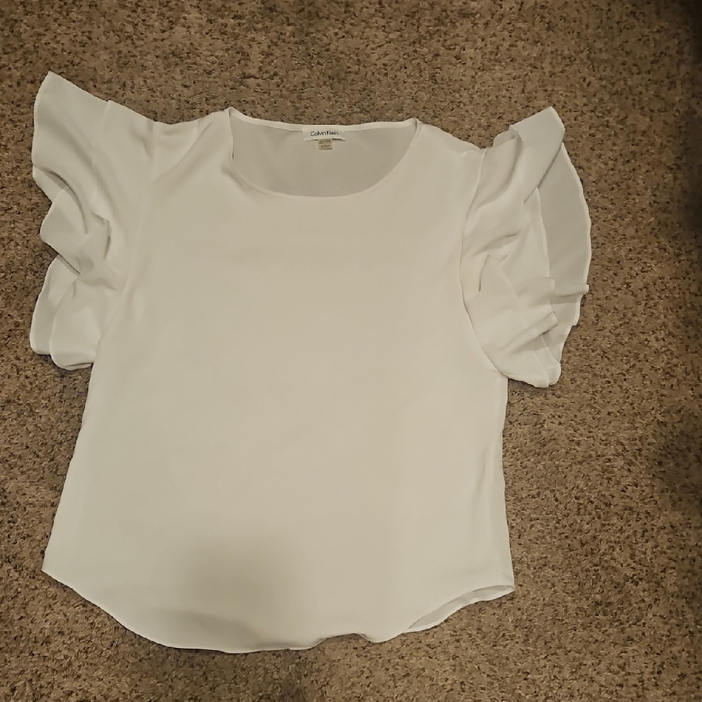 Calvin Klein Women's White Ruffle Sleeve Top